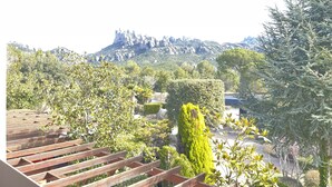 Una terraza de madera con vistas a un paisaje montañoso y diversos árboles.