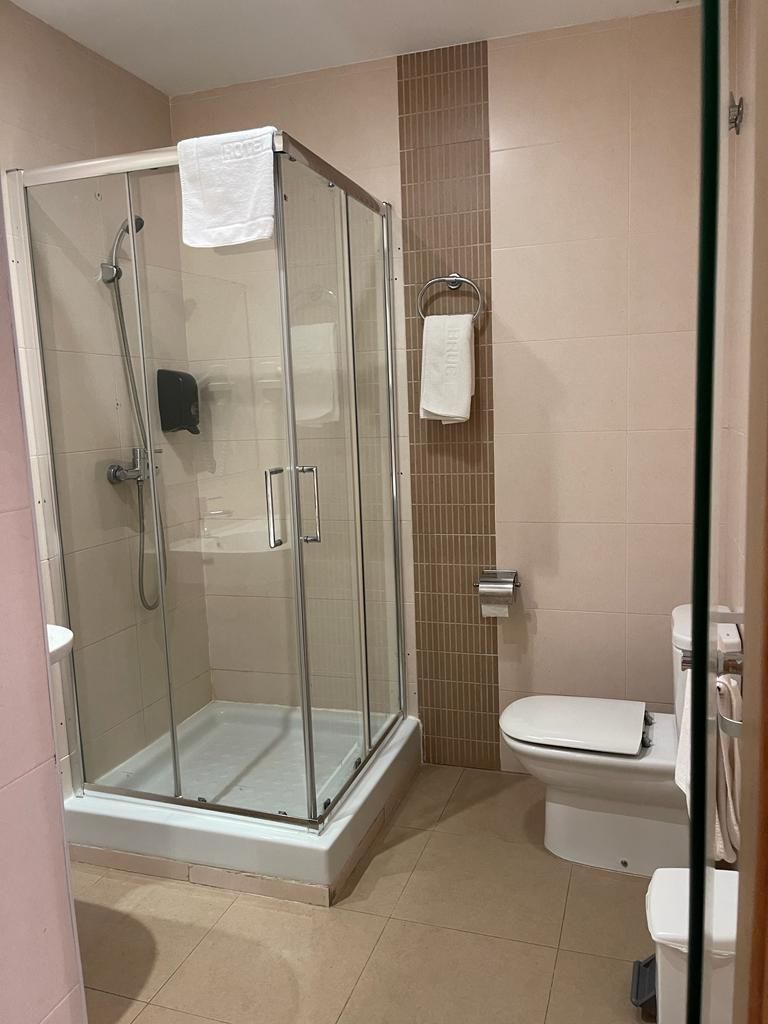 A modern bathroom with a glass-enclosed shower, a toilet, and a sink.