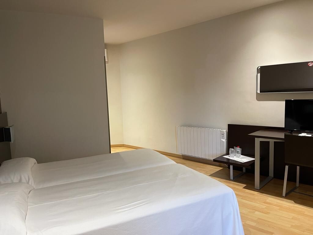 A hotel room with a bed, a desk, a chair, a television, and a radiator.