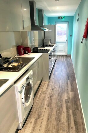 Fridge, microwave, electric kettle, toaster
