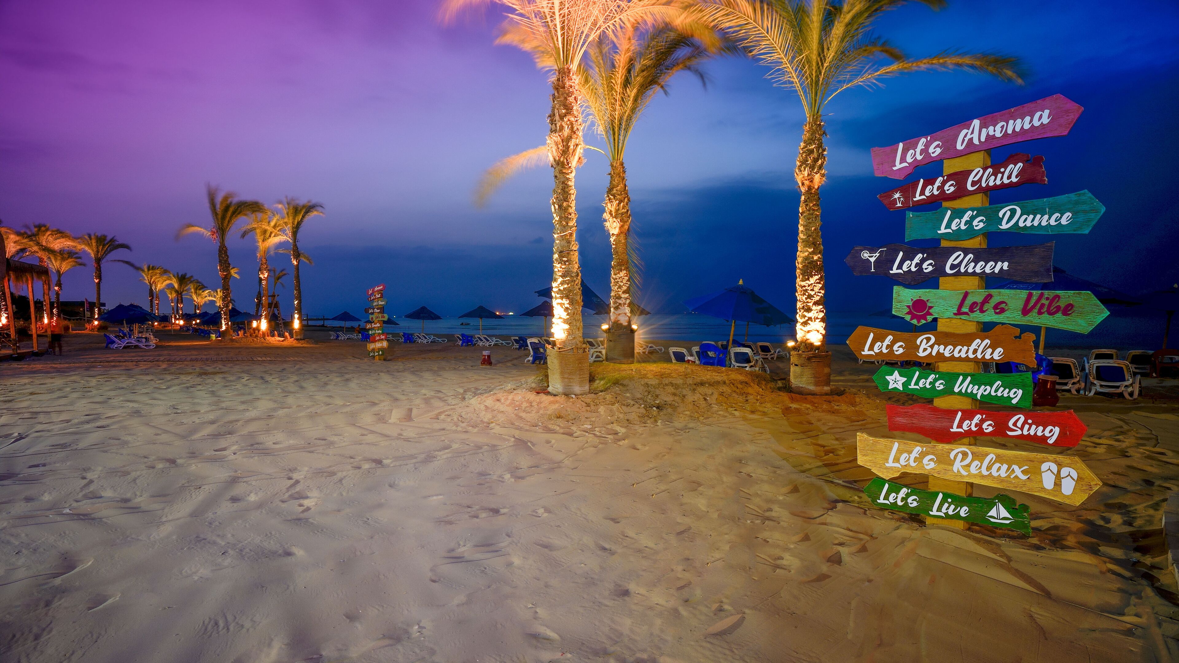 Une plage bordée de palmiers, avec un panneau indiquant diverses activités, comme « Dansons ensemble » et « Chantons ensemble ».