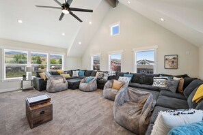 Smart TV, fireplace, DVD player, foosball