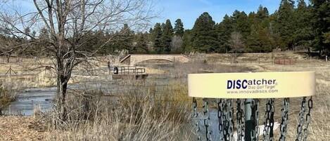A disc golf disc catcher with a chain barrier, a small stream, and a bridge in the background.