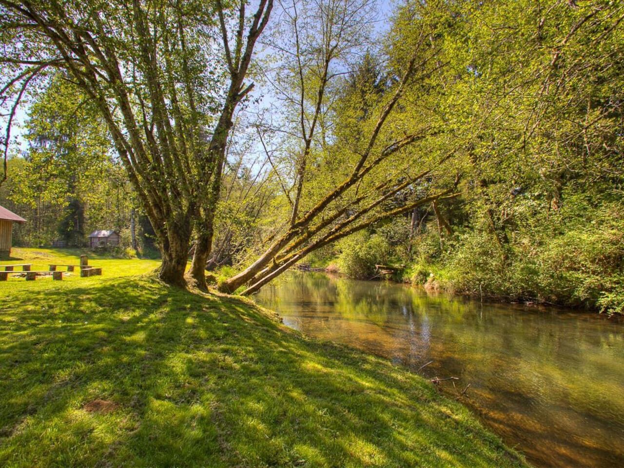 Un parc au bord de la rivière, doté d’un espace pique-nique et d’une structure en bois.