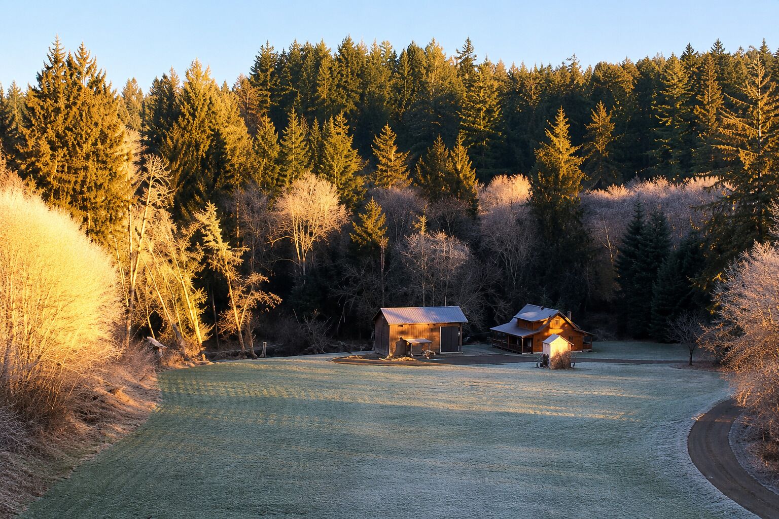 Une propriété rurale comprenant une grange, un petit chalet et un sentier bien tracé qui traverse une zone boisée.
