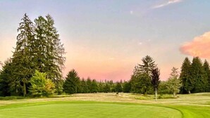A golf course with a well-maintained green, surrounded by tall trees and a clear sky.