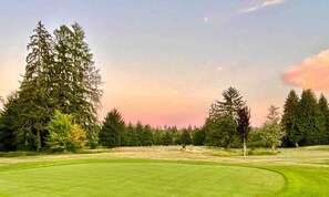 A golf course with a well-maintained green, surrounded by tall trees and a clear sky. - Charming, Rustic Log Home on Edge of South Fork River (Raymond)