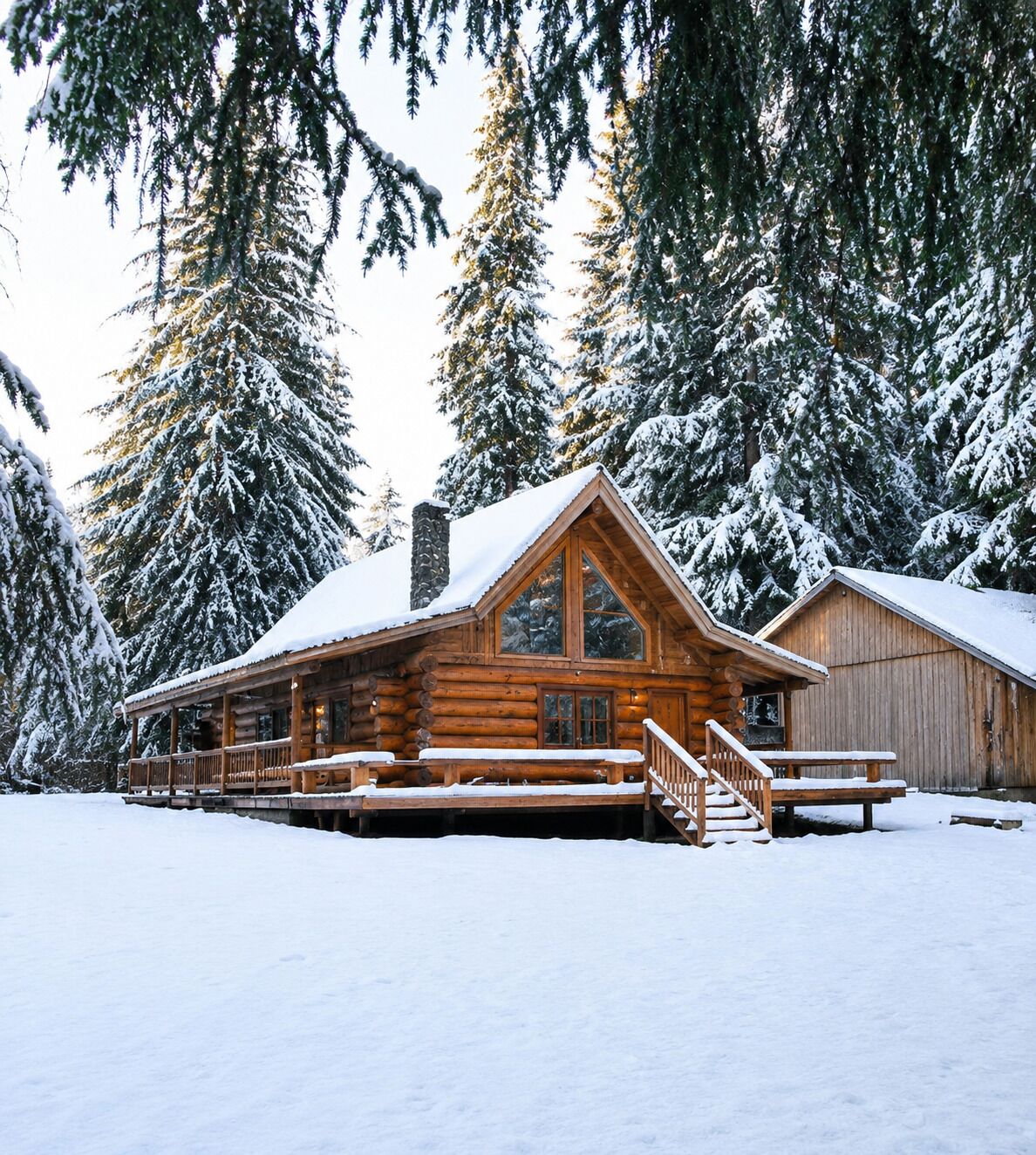 A log cabin with a porch and a chimney, surrounded by snow-covered trees.