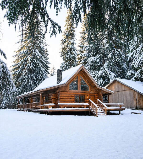 A log cabin with a porch and a chimney, surrounded by snow-covered trees.