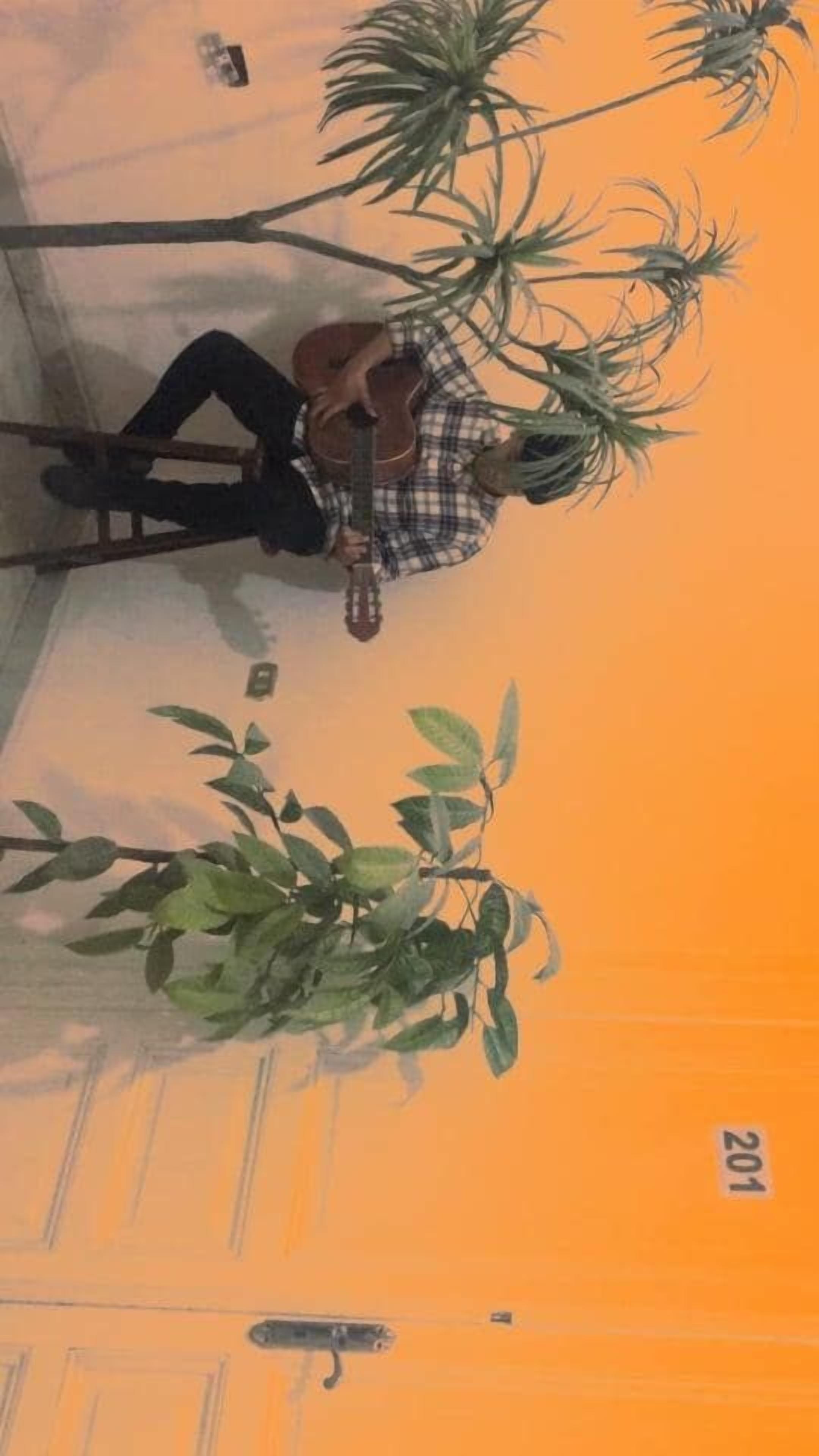Una persona sentada en una silla tocando la guitarra en una habitación con una pared naranja grande y una planta en maceta.