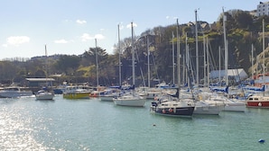 Un port de plaisance où sont amarrés de nombreux bateaux, avec une eau calme et un paysage vallonné en arrière-plan.