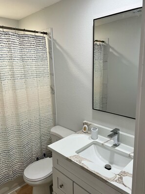 Dusche, Handtücher, Shampoo, Toilettenpapier