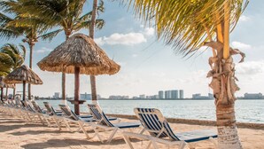 A beach with rows of sun loungers and thatched umbrellas, palm trees, and a city skyline in the background.