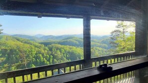 A window with a view of a forested landscape and distant mountains. - The Nest - Pickle Ball, Firepit, Hot Tub, Mt Views (Sevierville)