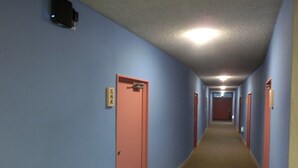 Een lange, smalle gang met blauwe wanden en een beige vloerkleed. Er zijn meerdere deuren langs de gang, waarvan sommige rode frames hebben.