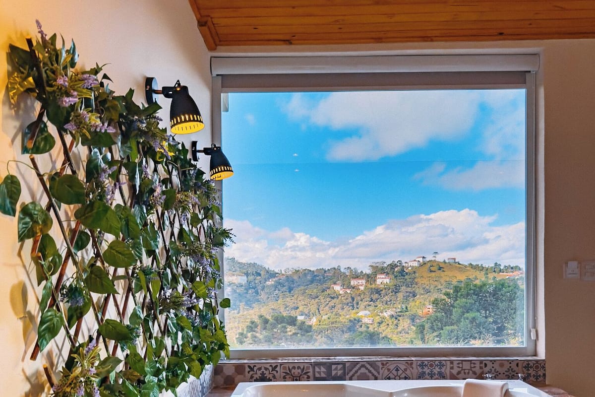 A bathroom with a large window, a bathtub, and a wall-mounted plant.