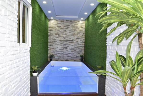 A modern room with a glass-top pool, green artificial grass walls, and potted plants.