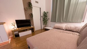 Un dormitorio con una cama, un televisor sobre un mueble de madera, una planta en maceta y una ventana con cortinas.