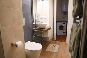 Shower, hair dryer, towels, toilet paper