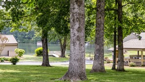 A serene lakeside property with mature trees, a well-maintained lawn, and a dock extending into the water. - 🌄Resort Vacations at Fairfield Glade TN (Fairfield Glade)