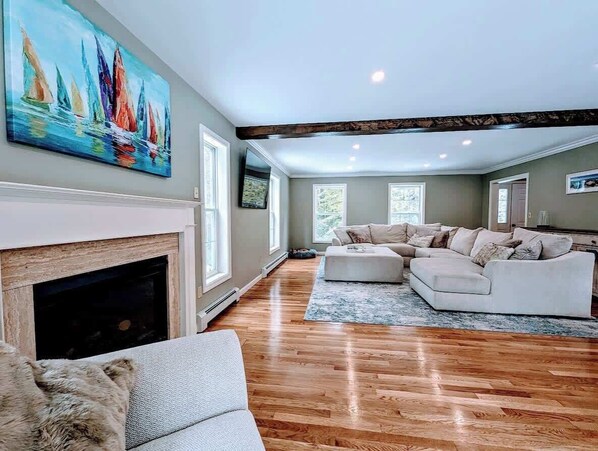 Fernseher, Kamin, Bücher, Arbeitsbereiche