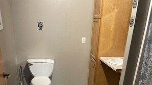 A small bathroom with a toilet, a sink, and a shower area. There are two blue mats on the floor. - Come stay at Grandmas house (Springfield)