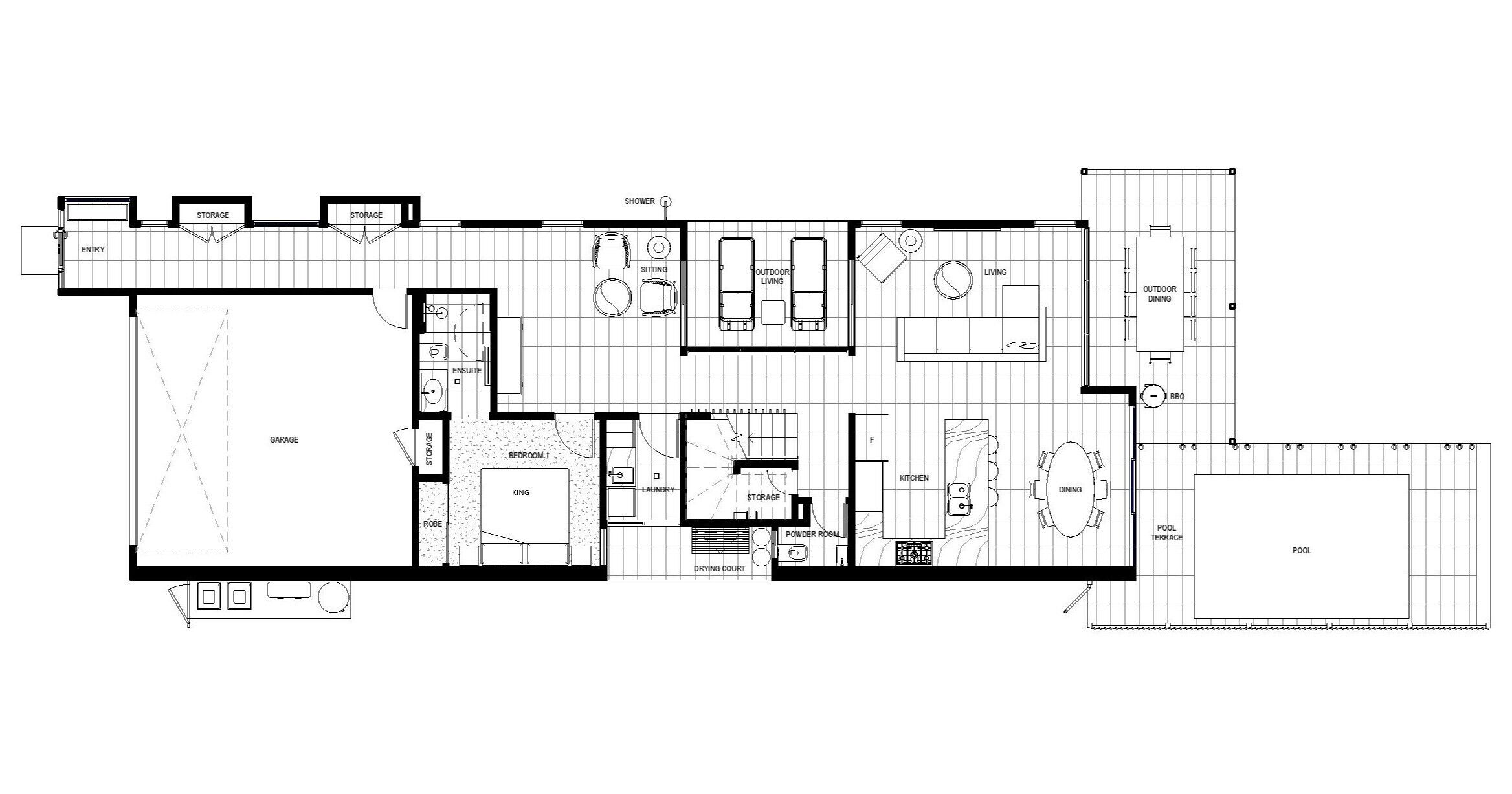 A floor plan of a hotel with a king-sized bedroom, a living room, a dining area, a kitchen, a bathroom, a garage, and a pool area.