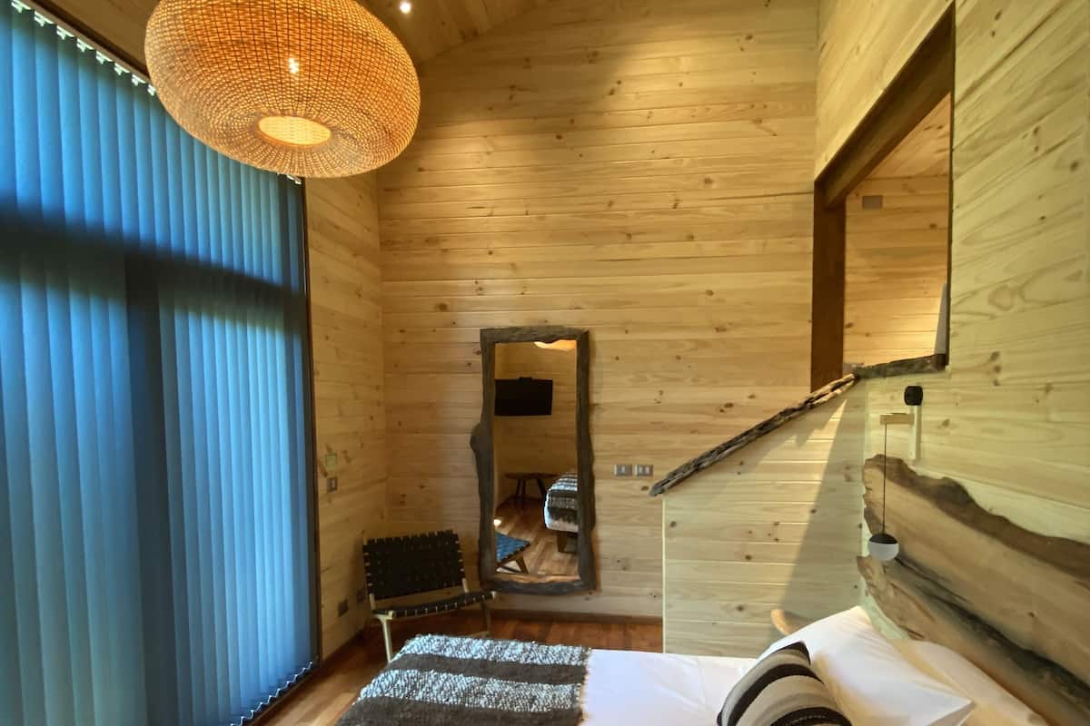 A wooden interior with a bed, a hanging light fixture, and a mirror.