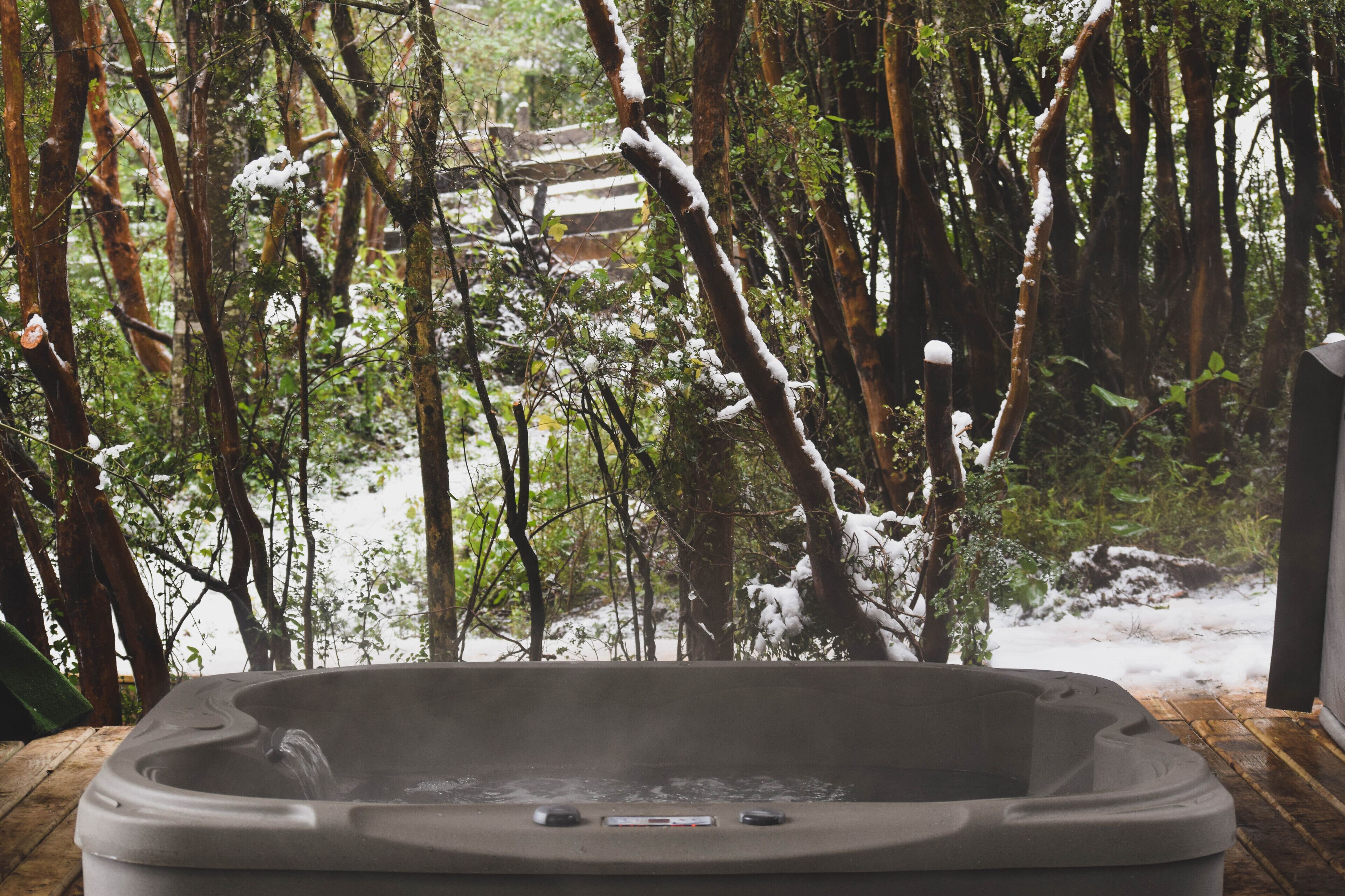 A hot tub in a forested area with snow on the ground and trees.