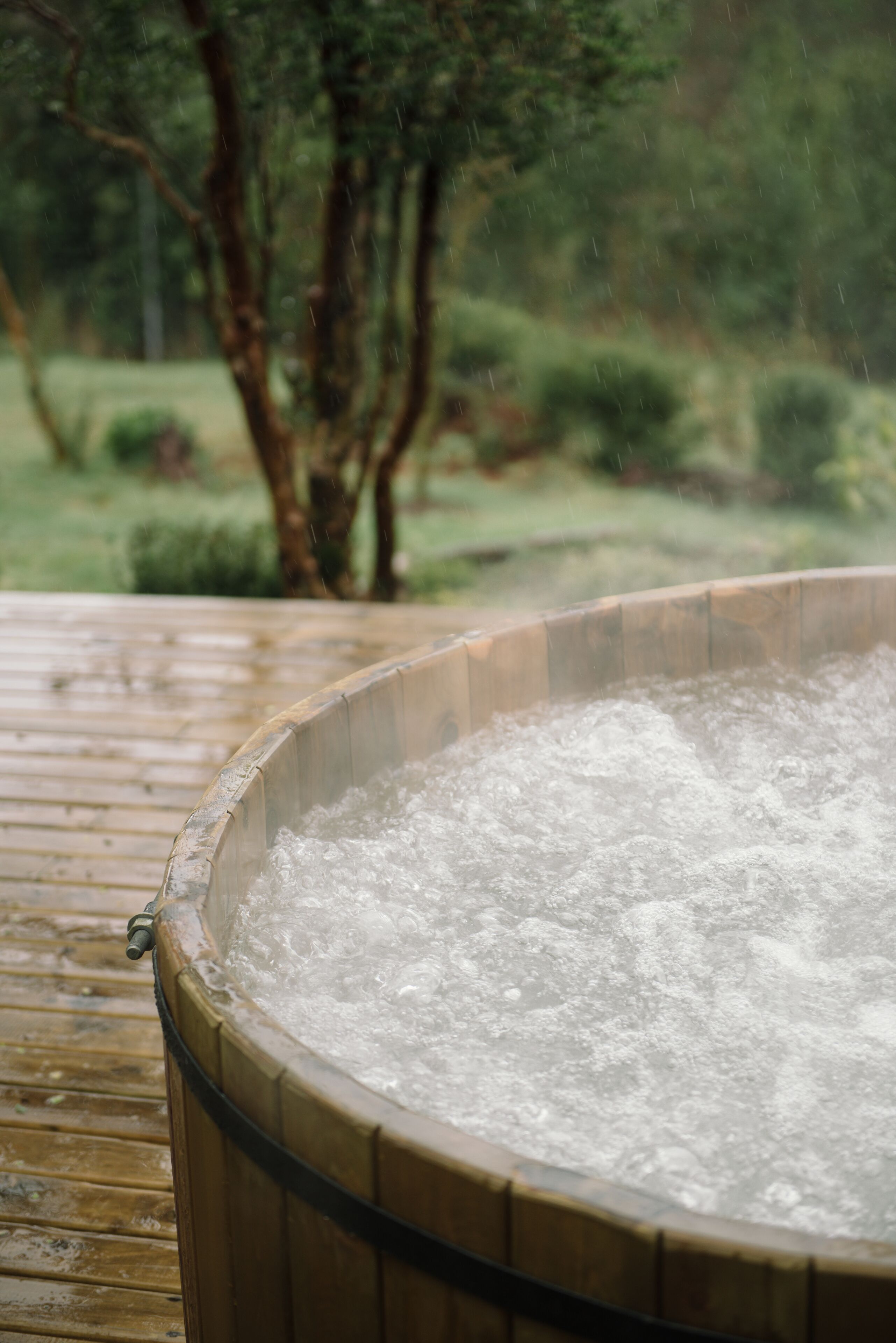 Un bain à remous avec une terrasse en bois et un arbre en arrière-plan.