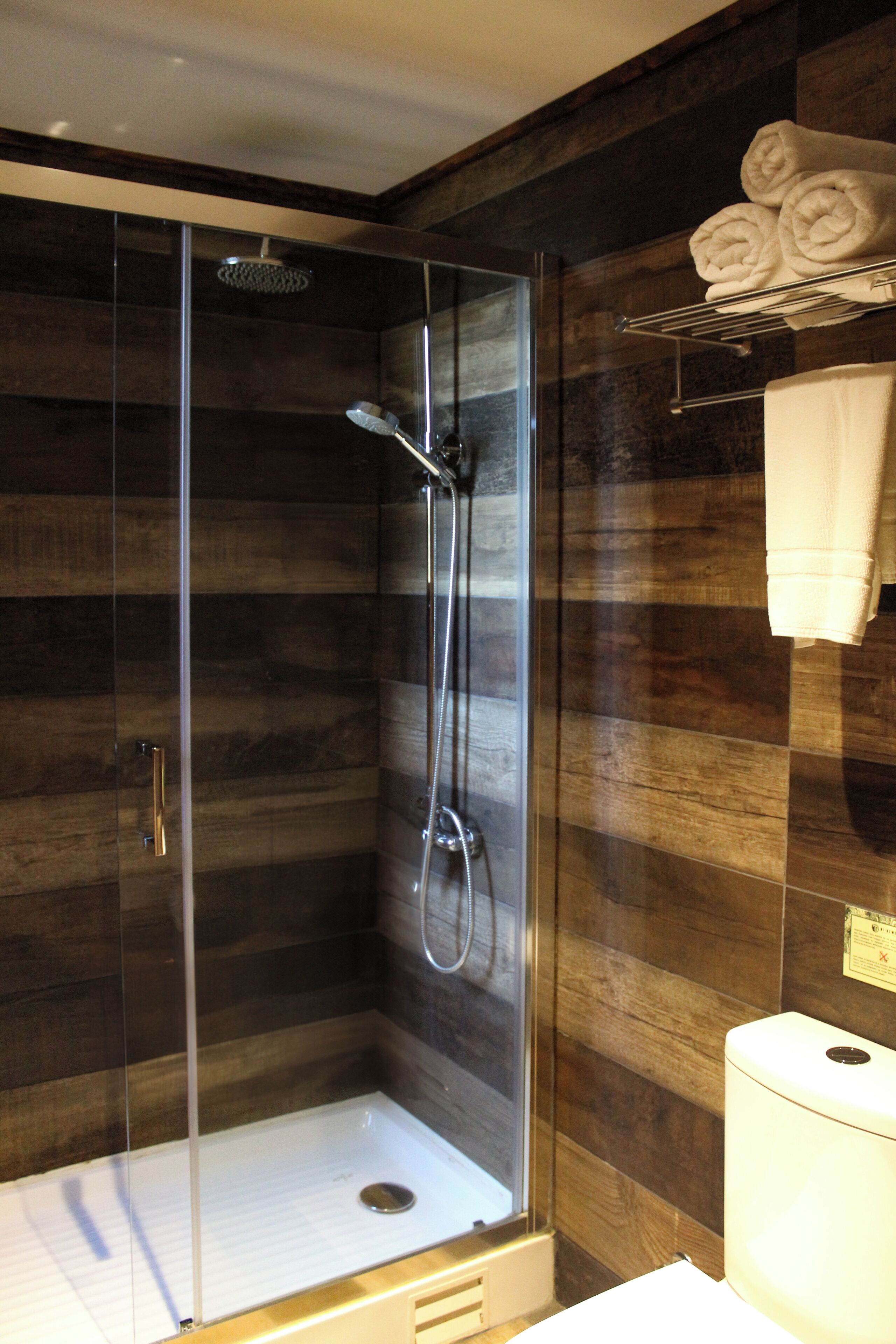 A modern shower with a glass door, a towel rack with folded towels, and a toilet.