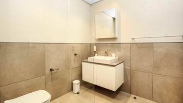 Combined shower/tub, towels