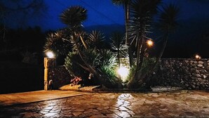 Un camí de pedra que condueix a una paret de pedra, amb palmeres i un fanal.