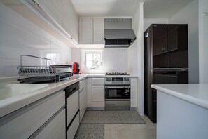 Großer Kühlschrank, Mikrowelle, Herdplatte, Geschirrspüler