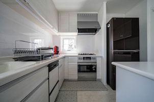 Full-size fridge, microwave, stovetop, dishwasher