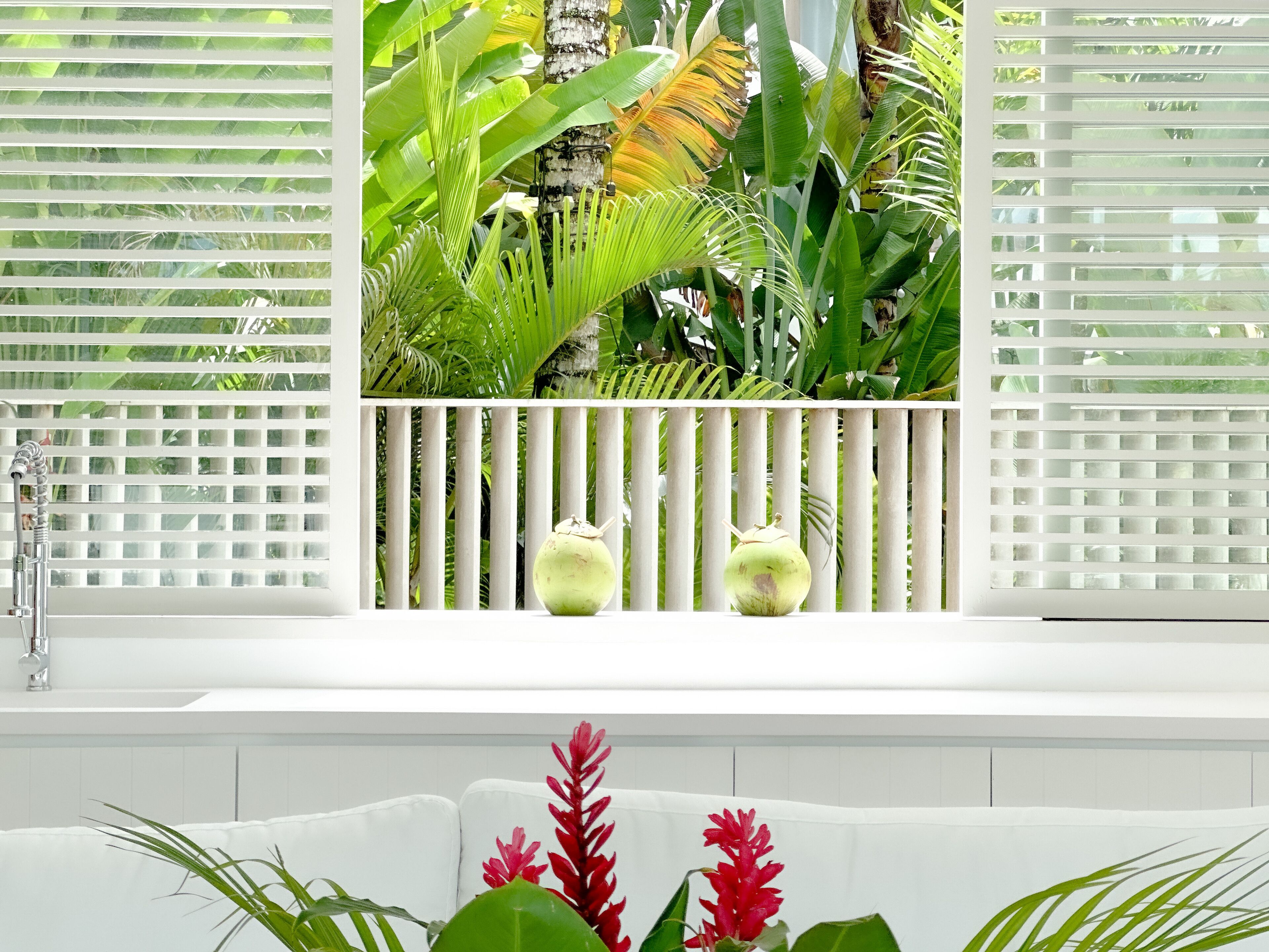 A modern bathroom with a white sink, a shower, and a window with tropical plants.