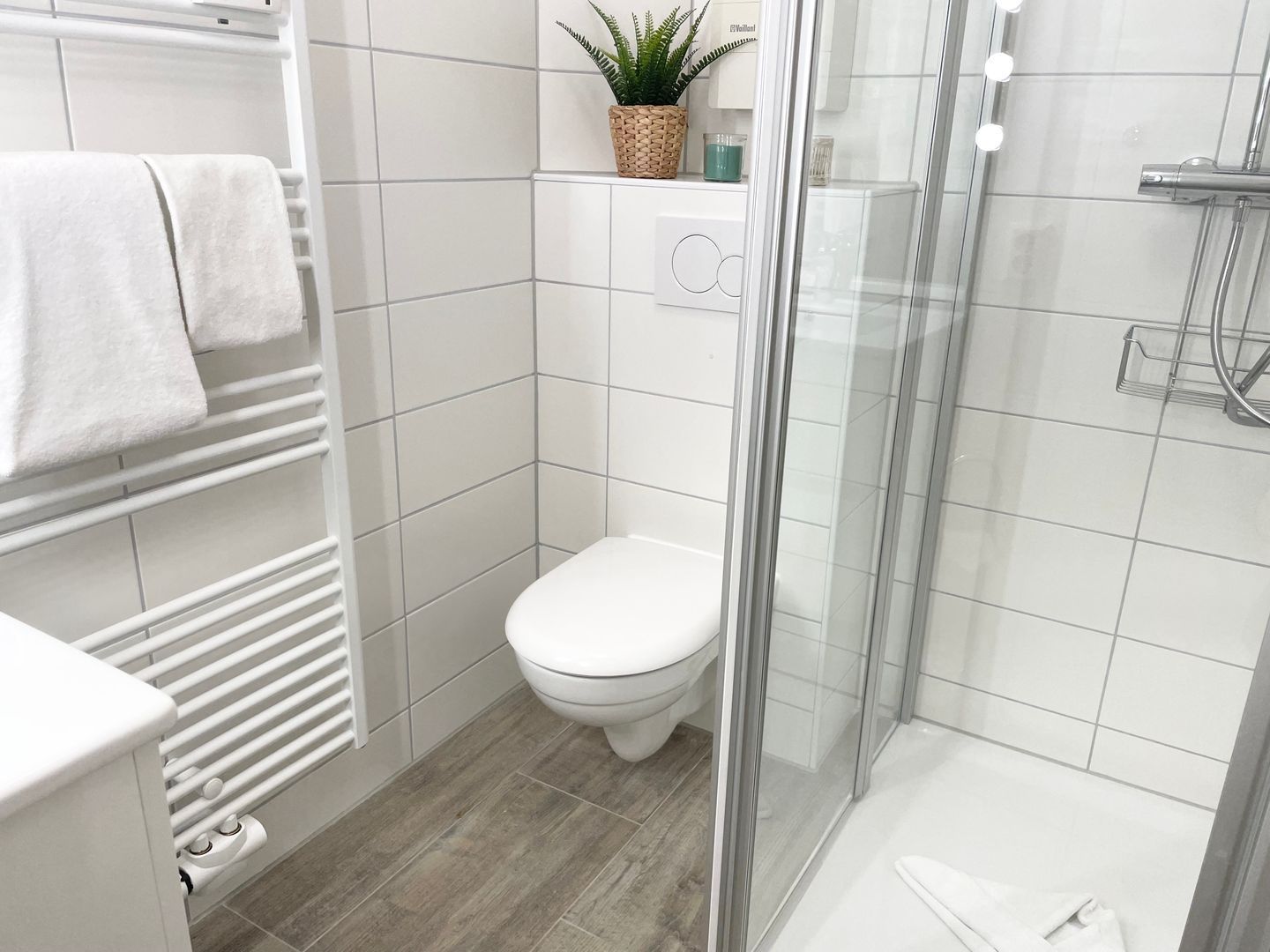 A modern bathroom with a toilet, shower, and a glass-enclosed shower area.