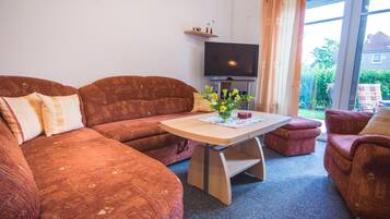 Ein Wohnzimmer mit einer Couch, einem kleinen Tisch mit Blumen, einem Fernseher und Blick ins Freie.
