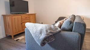A living room with a grey sofa, a wooden cabinet, and a television on top.