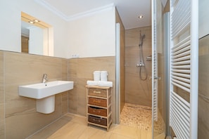 Shower, hair dryer, towels
