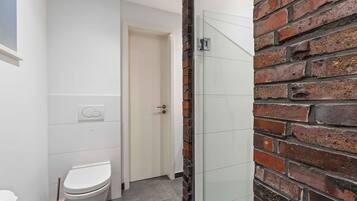 Une salle de bain avec des toilettes, une douche à parois de verre et une porte blanche.