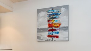 Un panneau mural avec des flèches indiquant les différentes directions vers les différents quartiers de la ville.