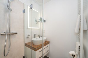 Shower, hair dryer, towels