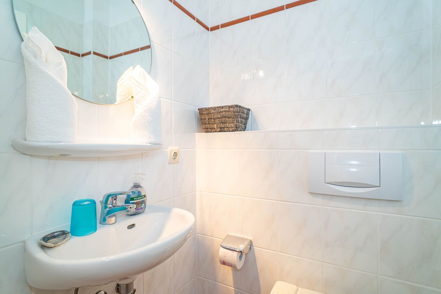 A bathroom with a white sink, a mirror, a towel rack, a toilet paper holder, and a soap dispenser.