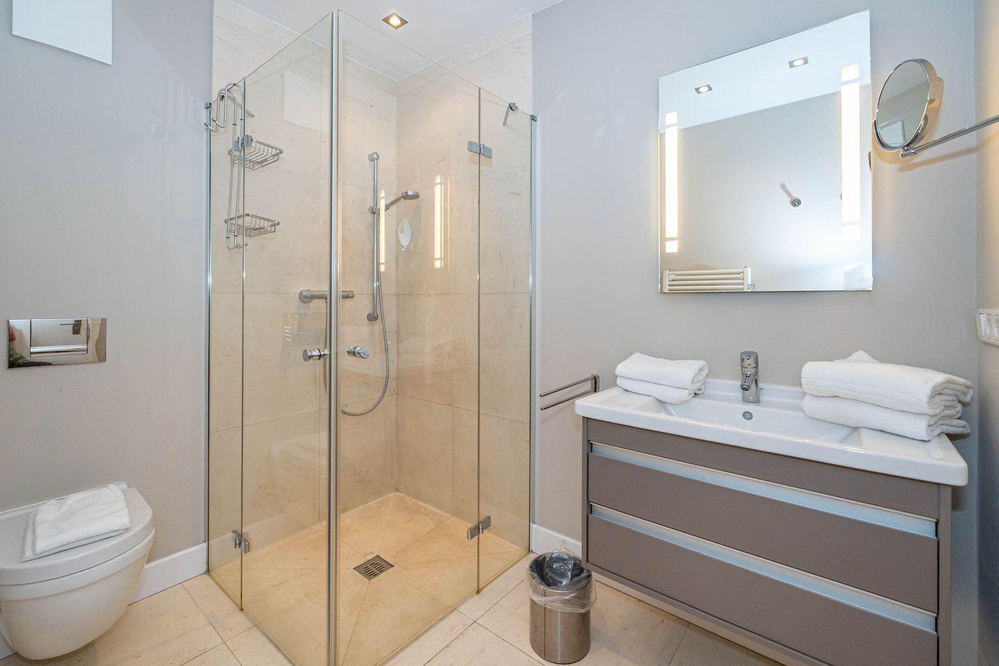 Shower, hair dryer, towels