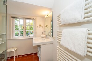 Shower, hair dryer, towels