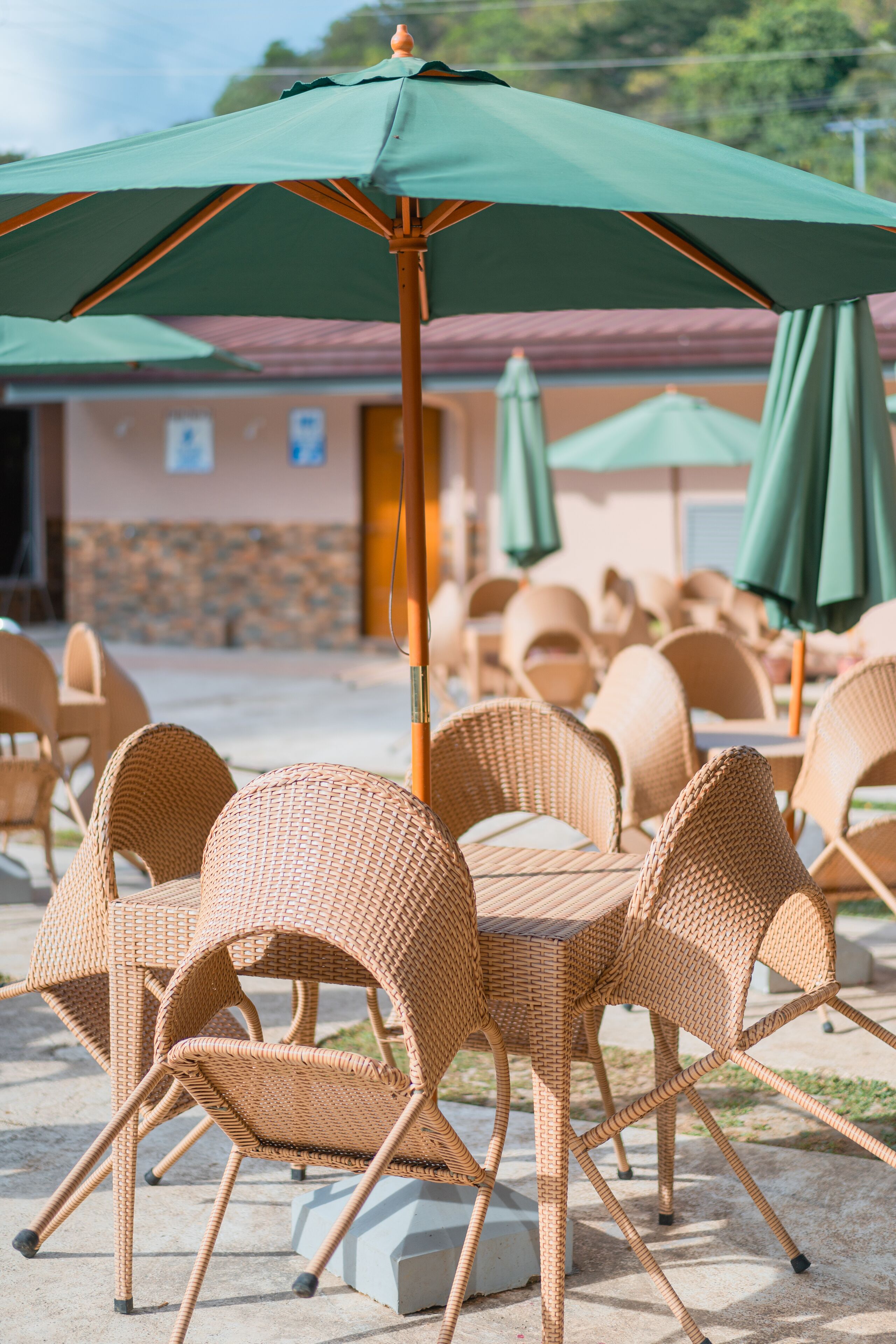 Wicker chairs and tables arranged outdoors with green umbrellas.