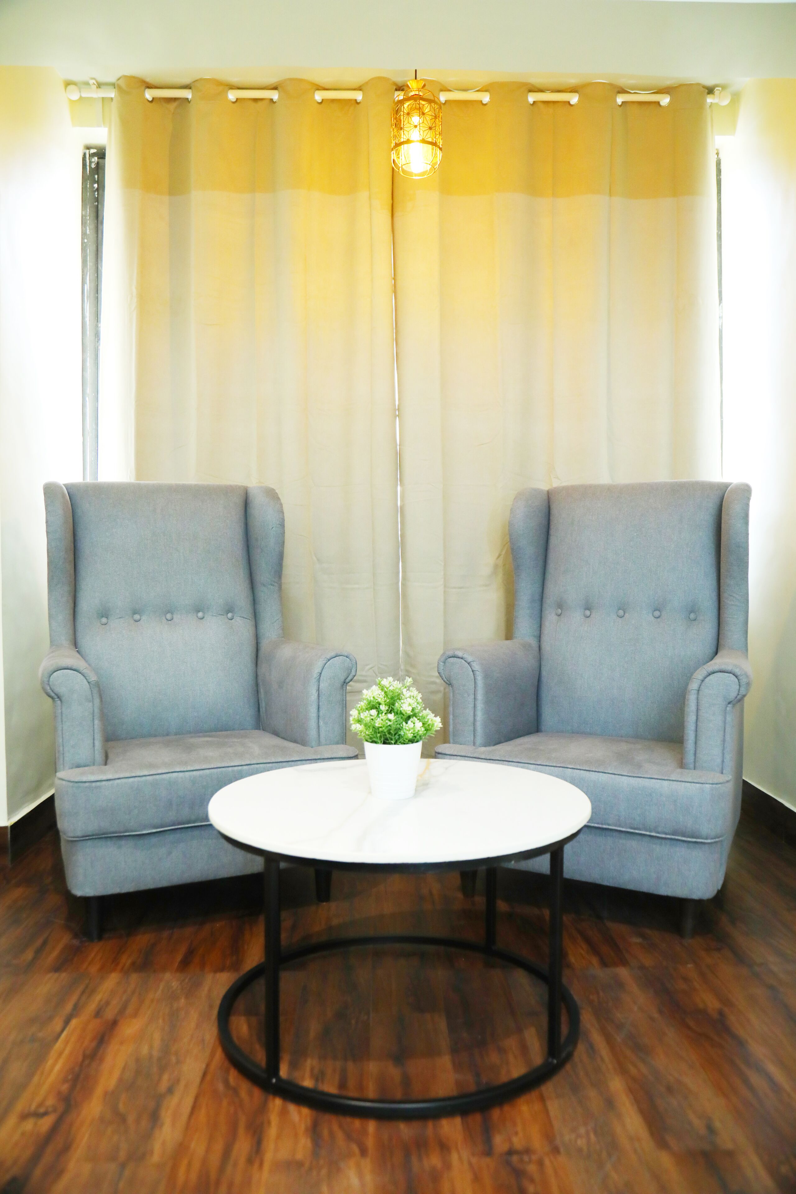 A room with two grey armchairs, a white round table, and a potted plant.