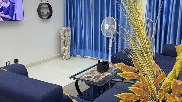 A modern living room with a blue sofa set, a glass coffee table, and a decorative plant. - SECKEBE IMMO ET BUSINESS: SUITE1 (DAKAR)