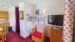 A compact living space with a kitchenette, a single bed, a TV, and a mounted picture frame. - 2 Rooms 4 people Swimming Pool (VALLOIRE)